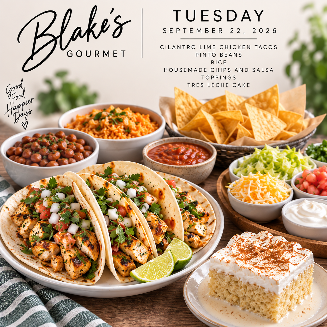 Tuesday Sept 22nd, 2026 - Cilantro Lime Chicken Tacos